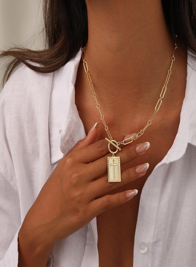 Moodear Cross Necklace for Women Trendy Dainty Chunky 14K Gold Plated Necklace Toggle Clasp Paperclip Chain Necklace Faith Religious Gold Jewelry Christian Gifts for Women - Image 3